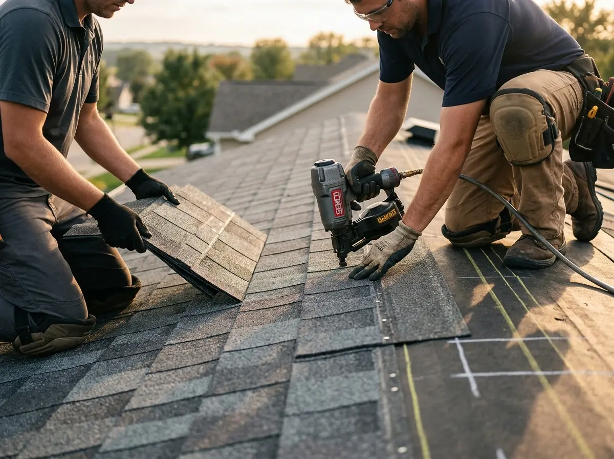 Professional roofer working on a residential roof in Elm Grove